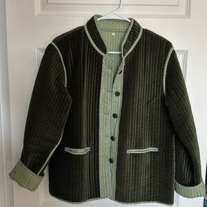 Out of Hand green velvet contrast stripe button front jacket with pockets